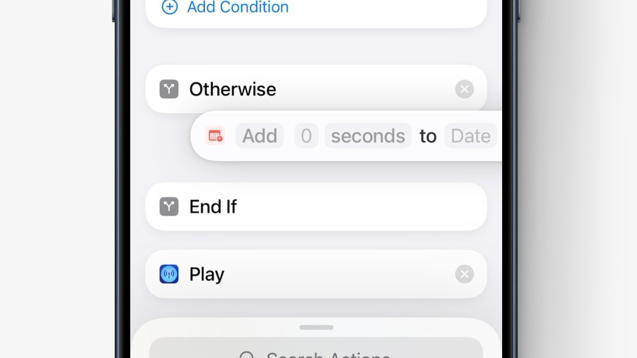 Obrazovka telefonu zobrazující kroky pracovního postupu, včetně vstupního pole Přidat podmínku, Jinak, Přidat sekundy k datu, Ukončit, Přehrát a Akce vyhledávání