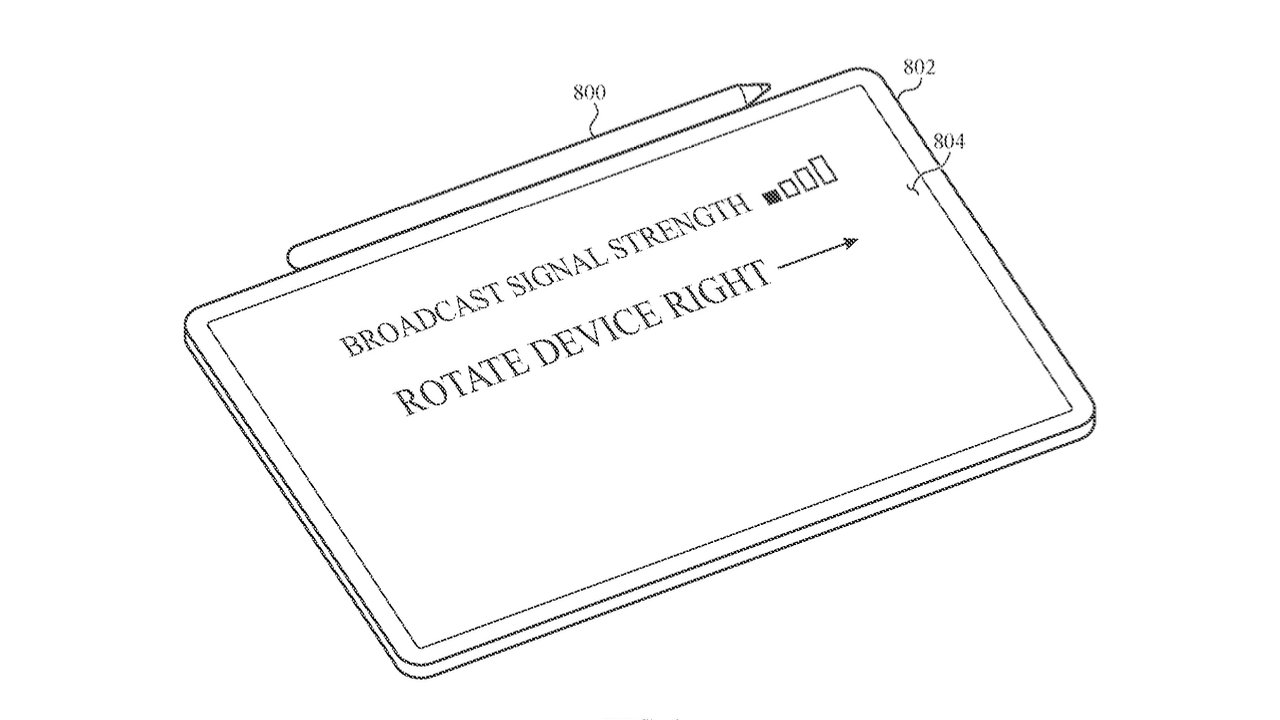 Tablet zobrazuje „SILA SIGNÁLU VYSÍLACÍHO SIGNÁLU“ s indikátory a „ROTATE DEVICE RIGHT“ se šipkou směřující doprava. Stylus spočívající nahoře.