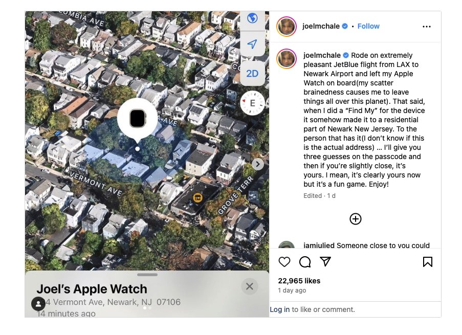 Letecký pohled na čtvrť se zvýrazněnou polohou Apple Watch na Vermont Avenue, Newark, New Jersey. Instagramový příspěvek s popiskem vysvětlujícím situaci na pravé straně.