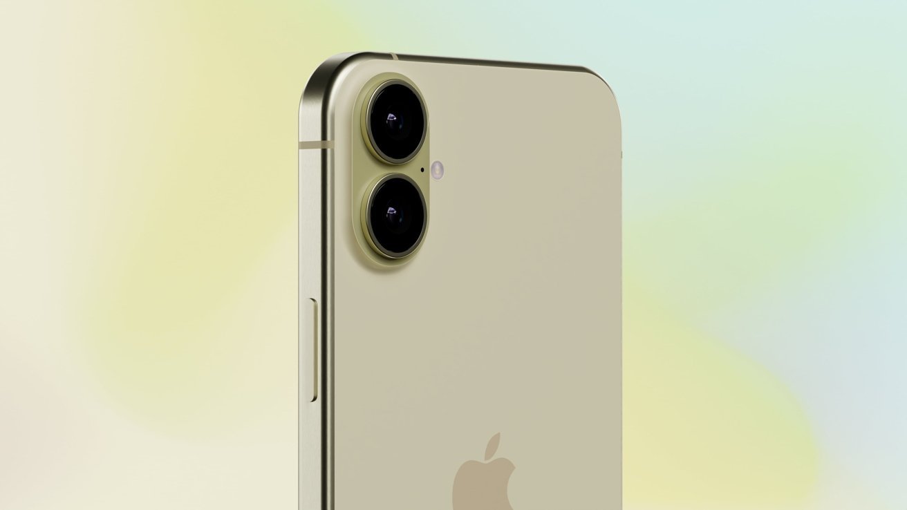 Žlutý smartphone s duálními zadními fotoaparáty a minimalistickým designem na jemném pastelovém pozadí.