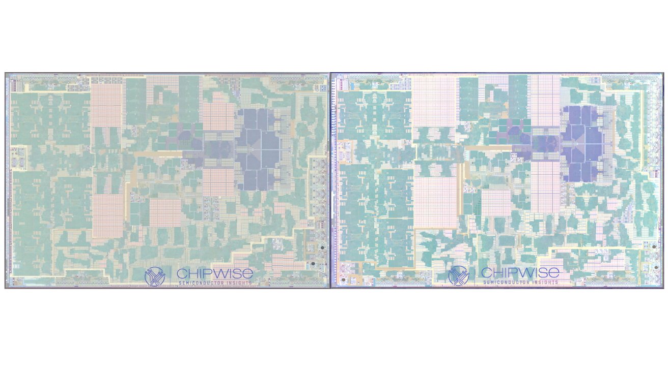 Dvě detailní rozvržení mikročipů vedle sebe se složitými vzory a mřížkami s označením „CHIPWISE Semiconductor Insights“ ve spodní části.