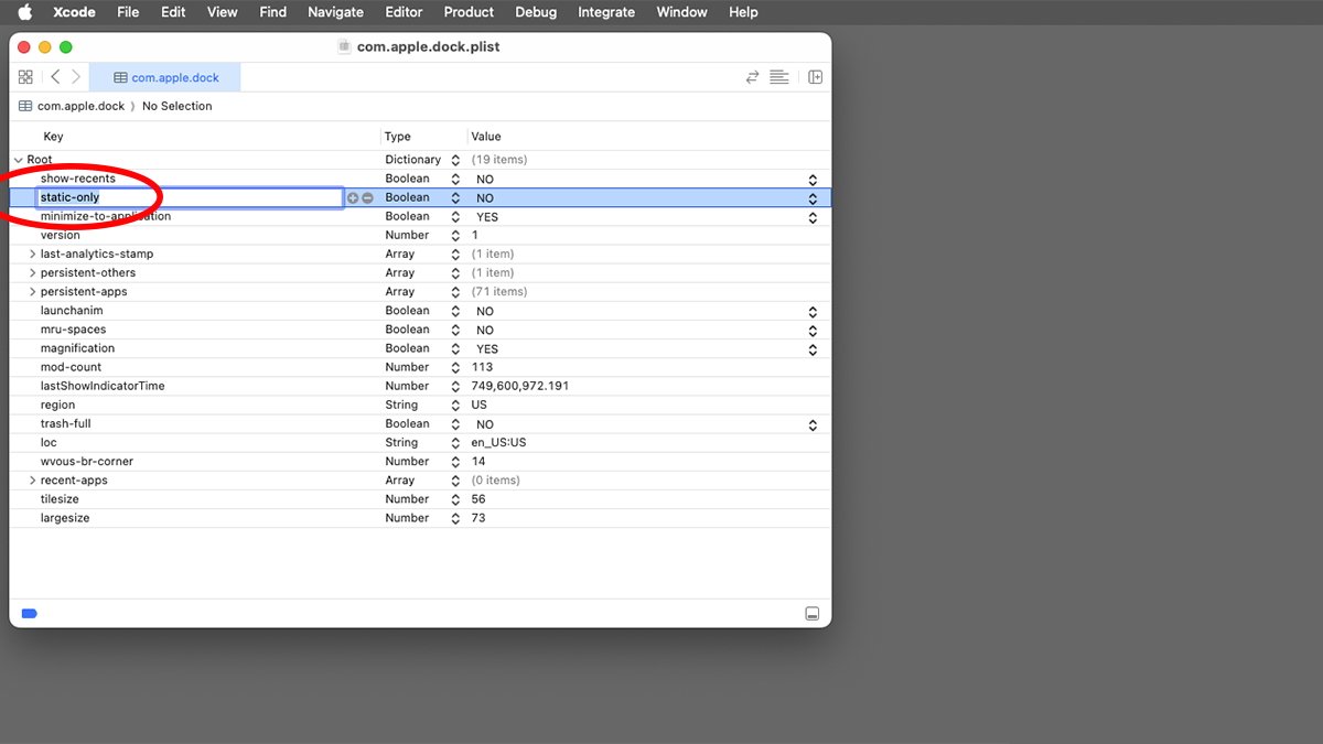 Okno Xcode zobrazující soubor com.apple.dock.plist.