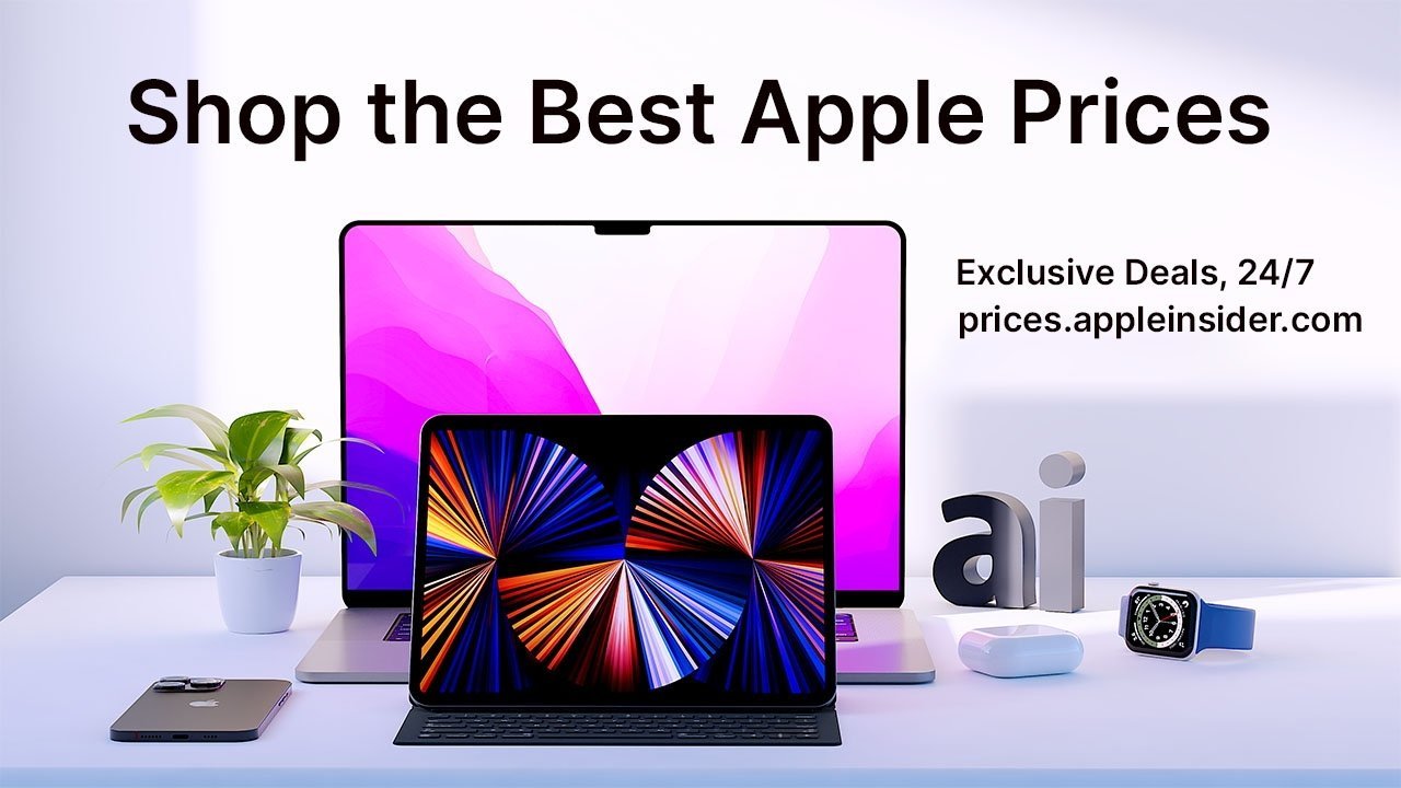 Propagační grafika zobrazující kolekci produktů Apple s textem prices.appleinsider.com pro exkluzivní nabídky.