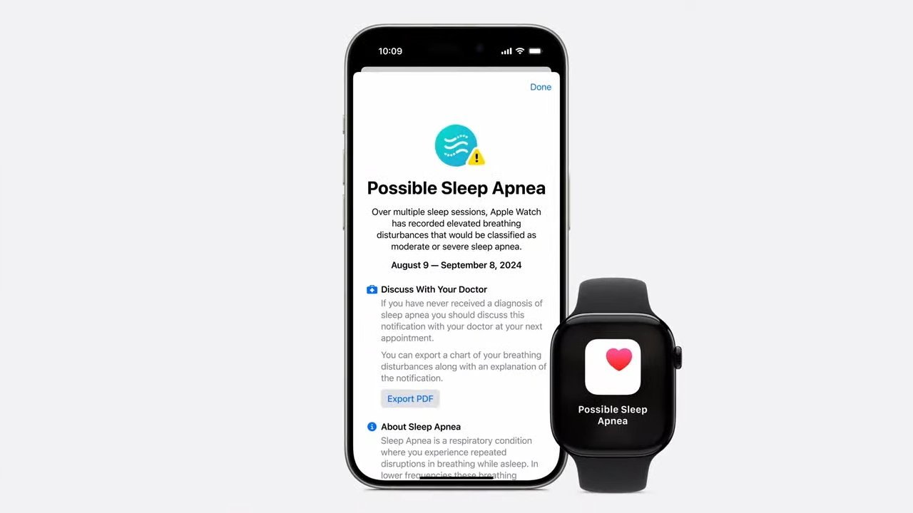 Smartphone zobrazující upozornění na spánkovou apnoe z Apple Watch s ikonou srdce na obrazovce hodinek, což vyvolává diskusi s lékařem.