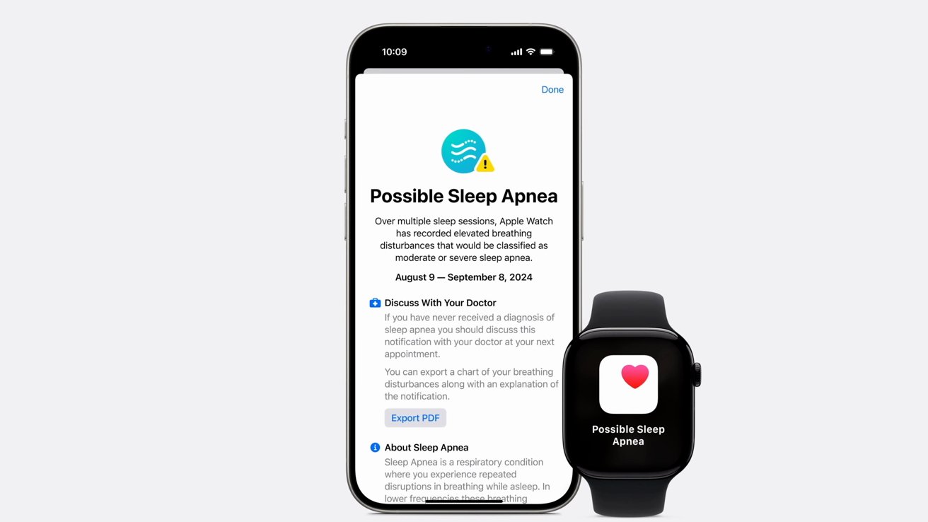 Smartphone a chytré hodinky zobrazují upozornění na možnou spánkovou apnoe a doporučují konzultaci s lékařem s možnostmi exportu informací.