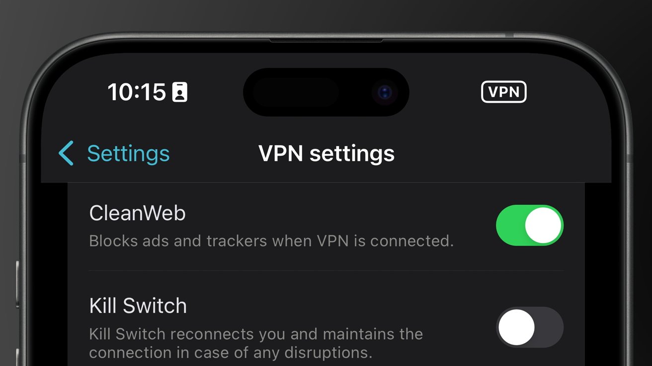 Obrazovka smartphonu zobrazující nastavení VPN s možnostmi CleanWeb a Kill Switch. CleanWeb je povolen, Kill Switch je zakázán. Čas je 10:15, zobrazena ikona VPN.