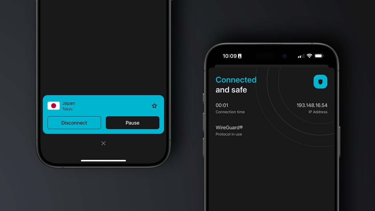 Dvě mobilní obrazovky zobrazující rozhraní VPN připojené k Tokiu v Japonsku s možností odpojení nebo pozastavení. Viditelná IP adresa a používaný protokol WireGuard.
