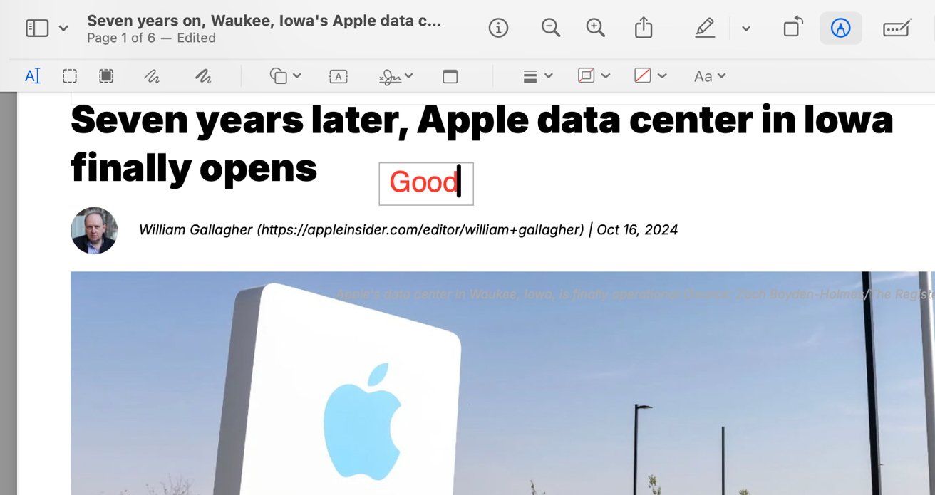 Snímek obrazovky zobrazující titulek o otevření datového centra Apple v Iowě s malým profilovým obrázkem osoby jménem William Gallagher.