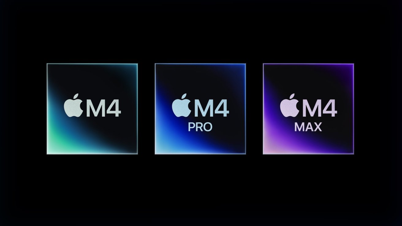 Tři loga procesorů Apple: M4 se zeleným odstínem, M4 Pro s modrým odstínem a M4 Max s fialovým odstínem na černém pozadí.